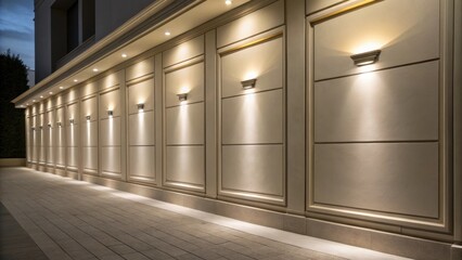 A detailed image capturing the uniformity of the wall under the mellow illumination of recessed lights where the simplicity of the design emphasizes the tranquility of the space.