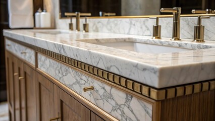 A detailed closeup of a marbletopped bathroom vanity showcasing the unique ing patterns alongside modern side fixtures complementing the overall elegance of the design.