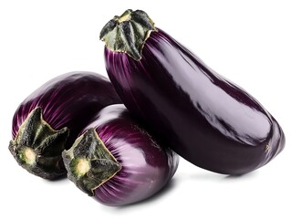 three eggplants arranged on a white background, showcasing their deep purple color and smooth...