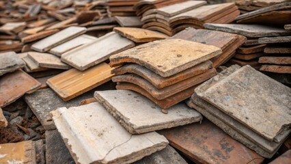 A densely packed pile of cracked tiles features a mix of light and dark shades with dirt and dust collecting in the crevices hinting at the history of the place before renovation.