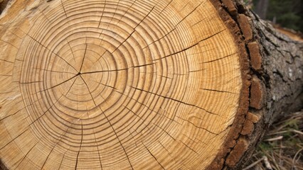 Naklejka premium A crosssection of a thick timber reveals delicate rings of growth the transition from dark heartwood to pale sapwood adding visual interest to the rugged scene.