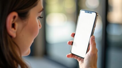 A woman looks intently at her smartphone which has a blank white screen. Concept of mobile focus. Smartphone Screen Mockup