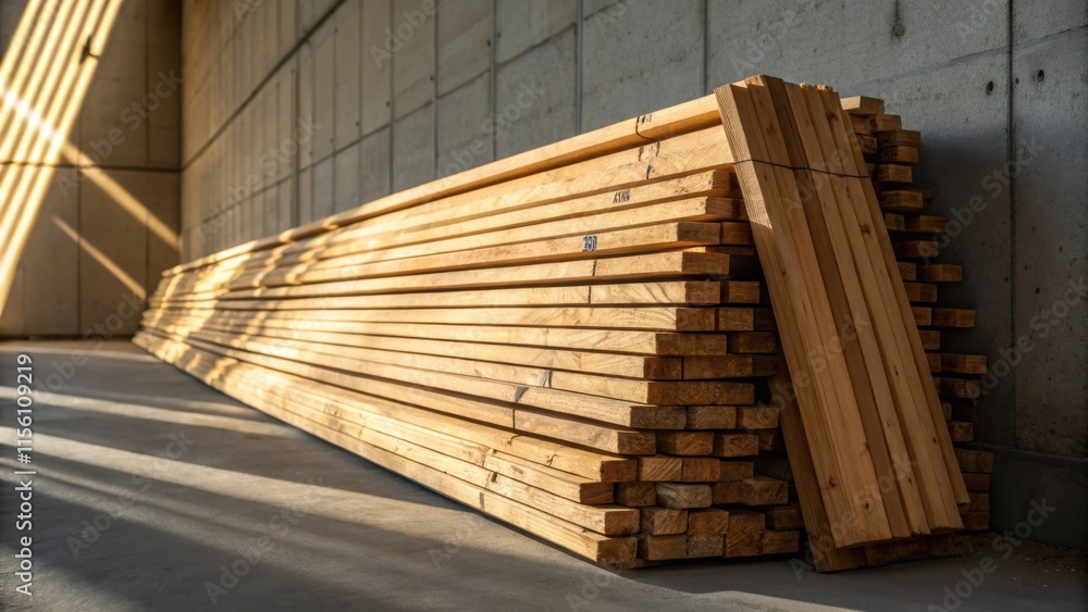 Leinwandbilder a combination of light and shadow dances across a thick pile of lumber leaning against a wall each p