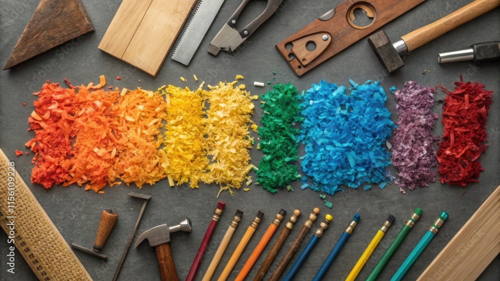 Aufkleber A colorful array of wood shavings spread across a work surface contrasting shades playing against the backdrop of tools and materials evoking a sense of creativity and hard work.