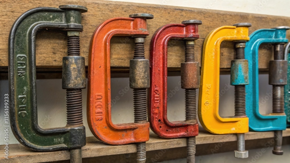 Poster a collection of various sized clamps sandwiches a section of molding each clamp showcasing unique co
