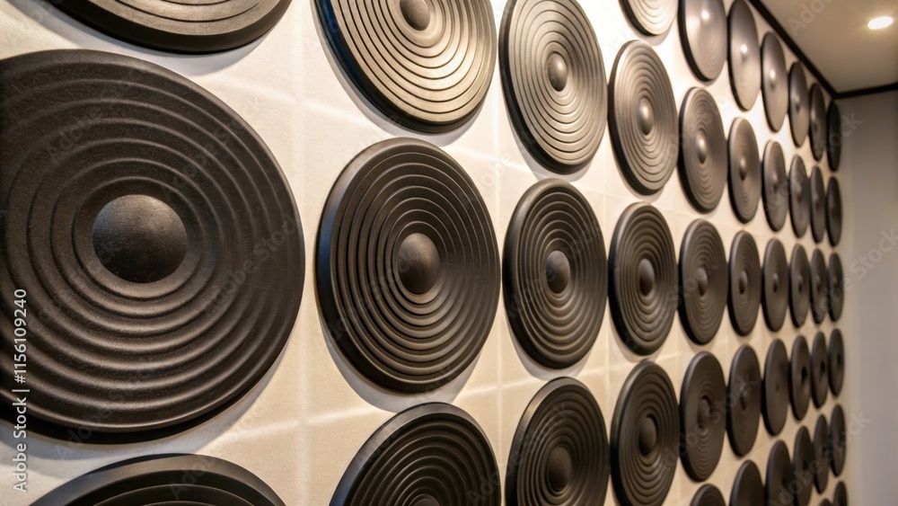 Poster A collection of circular soundproofing disks mounted on the wall emphasizing the contrast of their glossy surface against a flat matte background.