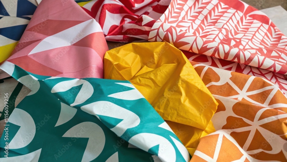 Poster a collection of scrunched wallpaper pieces with bold graphic designs the colors clashing vibrantly a