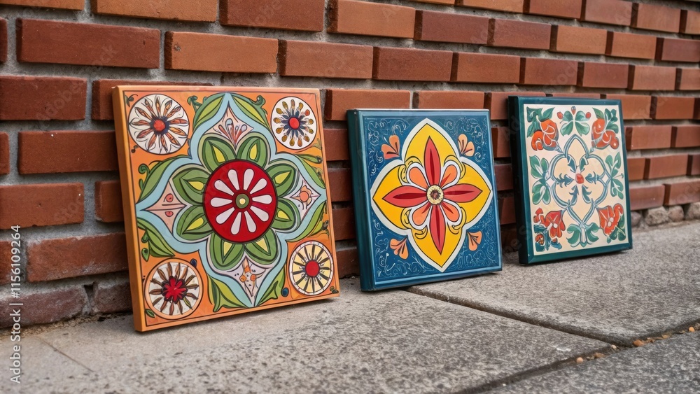 Poster A collection of artisanal tiles each uniquely decorated with a vivid splash of color leaning against a brick wall that adds an urban feel.