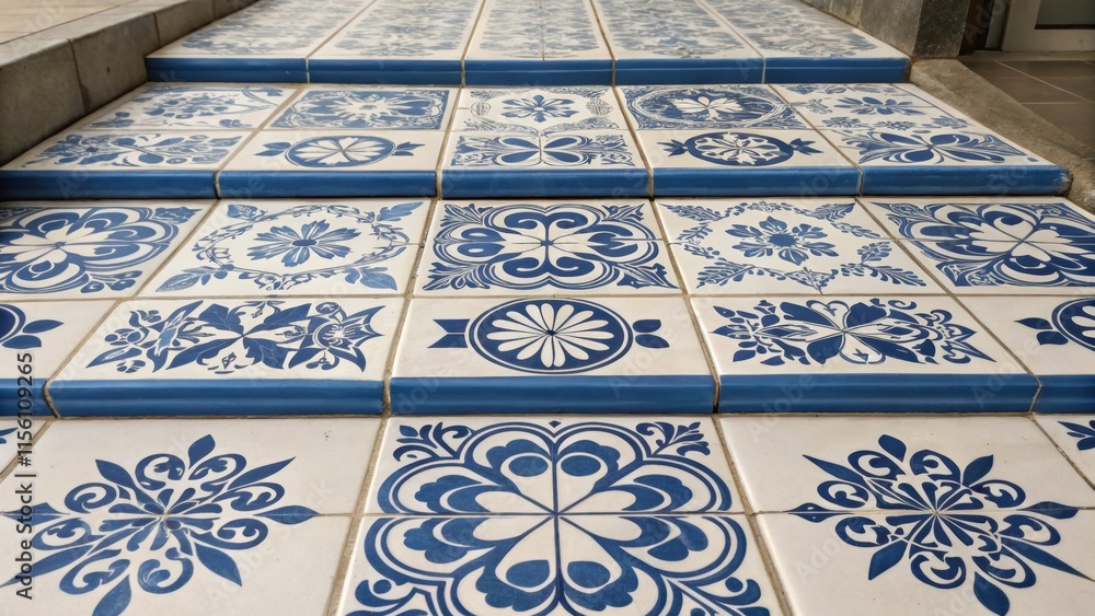 Poster a collection of patterned porcelain tiles laid out in alternating sequences of blue and white featur