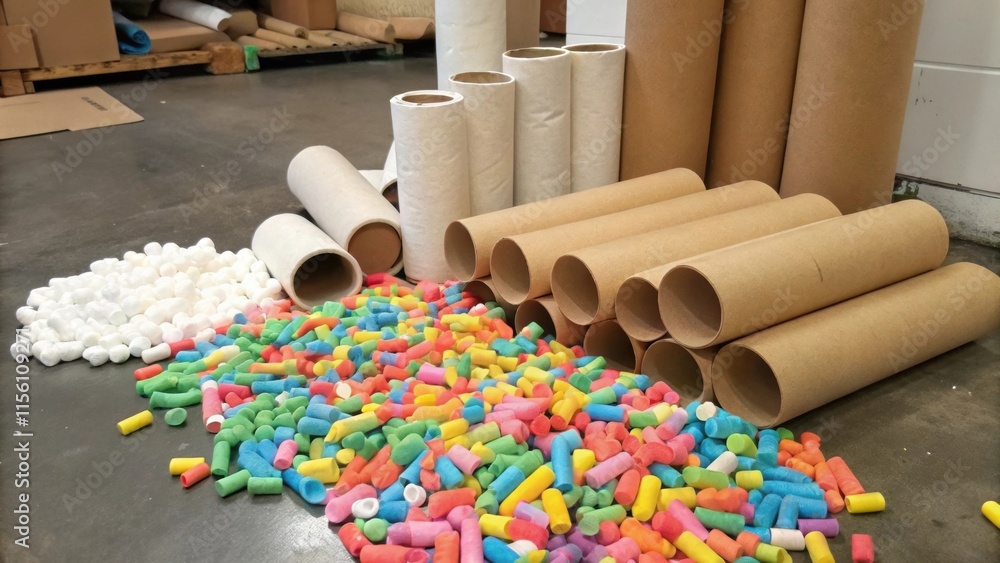 Poster a cluttered collection of cardboard tubes packing peanuts and old foam padding revealing a colorful 