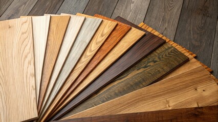A collection of wooden planks fanned out each unique in color and texture the light catching the curves and imperfections that tell a story of their origin.