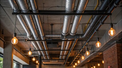 A collection of exposed pipes and ducts ed nearby a ceiling corner adorned with electrical wiring and flanked by warm light fixtures that bring a cozy yet urban feel to the space.