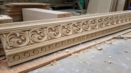 A collection of intricately carved moldings exhibits detailed scrollwork peeking out from beneath a layer of construction debris on the floor.