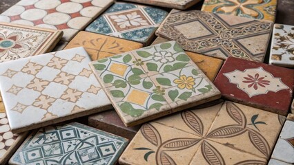 A collection of mismatched ceramic tiles lying in a chaotic heap showcasing a variety of patternssome floral others geometriceach surface marked by signs of wear and tear.