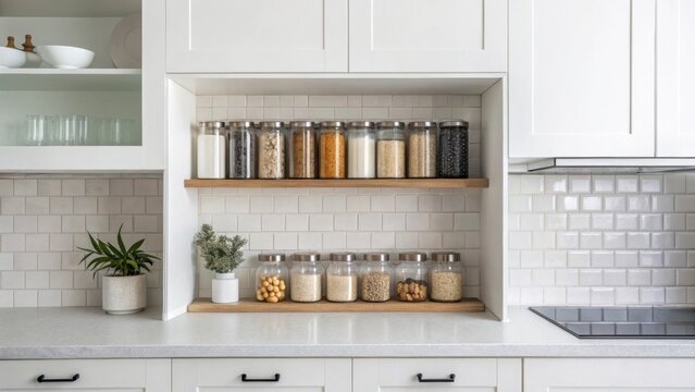 A contemporary kitchen scene revealing a recessed shelf integrated above a countertop holding a collection of stylish glass jars filled with es perfectly organized within a bright
