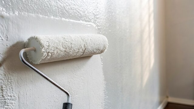 A close view of the pristine white primer glistening on the wall with a paint roller lying on its side the fluffy fabric suggesting the preparation of a smooth finish in the near