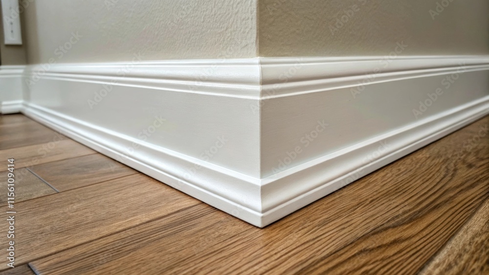 Poster A closeup view reveals the intricate texture of a newly installed baseboard its crisp corners and straight lines contrasting with the gentle muted tone of the wall above.