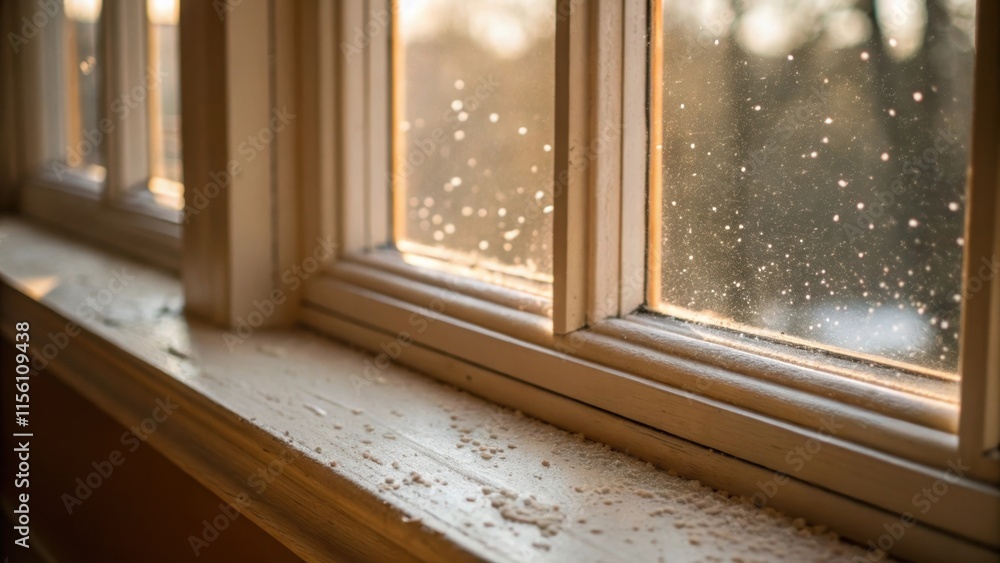 Aufkleber A closeup view of the unpainted window trim dust motes suspended in the light framing the empty space as it waits for the warmth of color to rejuvenate its presence.