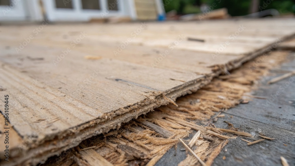 Poster a closeup view of the underlayment featuring frayed edges and weathered textures where remnants of a