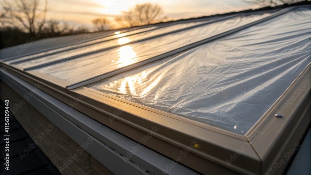 Poster a closeup view of the skylight reveals the smooth contours of the plastic sheeting slightly wrinkled