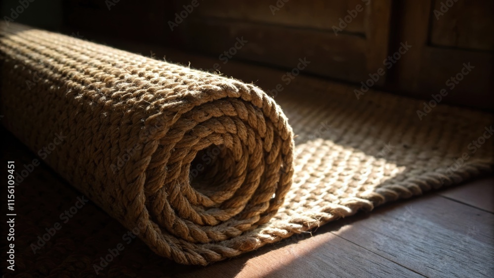 Aufkleber A closeup view of the texture on the surface of a natural fiber rug rolled tightly and sitting uncared for in a dimly lit corner with beams of light highlighting its intricate