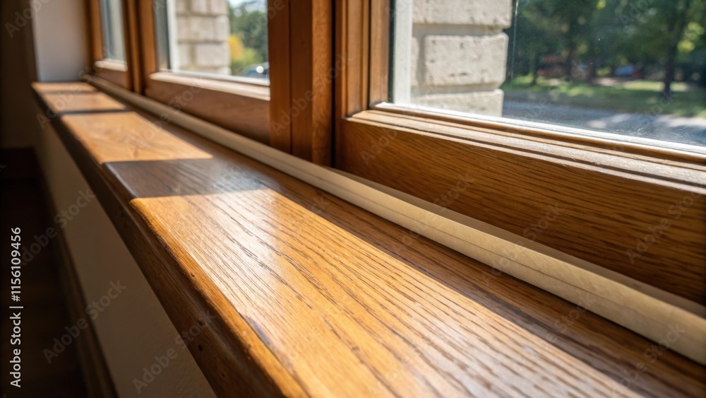 Aufkleber A closeup view of the window ledge bathed in warm afternoon light enhancing the texture of the wood. The straight strip of protective tape is neatly aligned across the front
