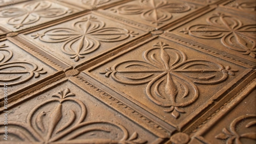 Poster a closeup view of the pattern on an antiquestyle ceiling tile with faint brush strokes visible that 