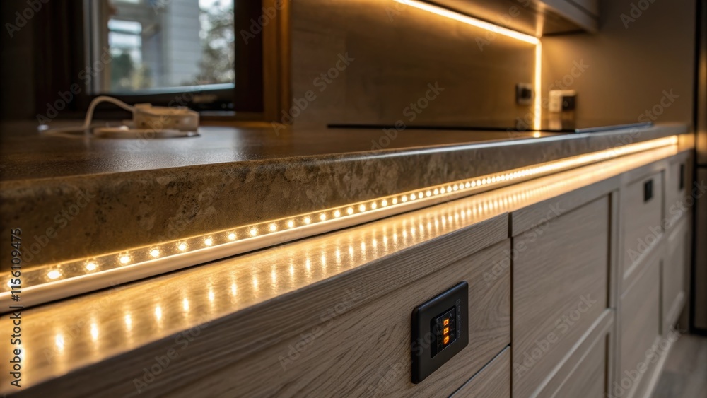 Poster a closeup view of the glowing led strip lighting installed along the edge of cabinetry revealing the