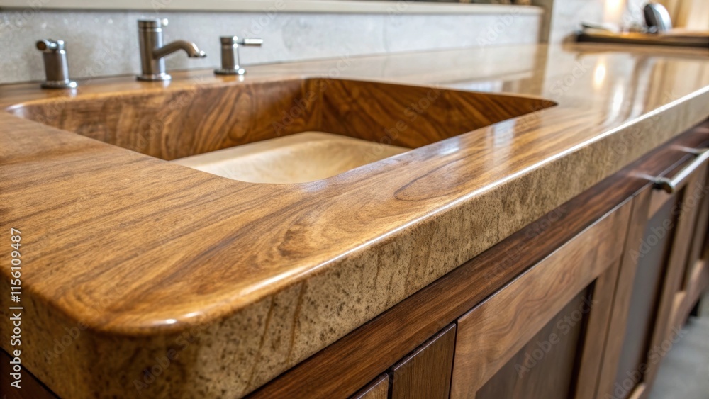 Poster A closeup view of the countertop displays rich natural ing patterns with sink outs framed by the contrasting texture of the unpolished edges.