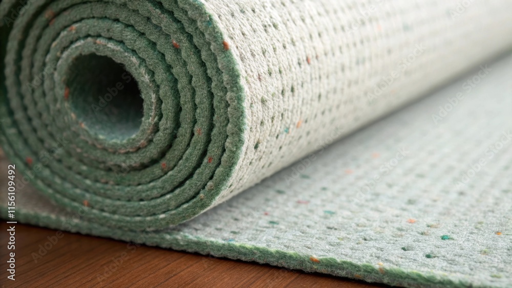 Aufkleber A closeup view of the carpet padding roll showcasing its dense fibers and subtle weave with a hint of green from the underlying floor reflected in the paddings texture.