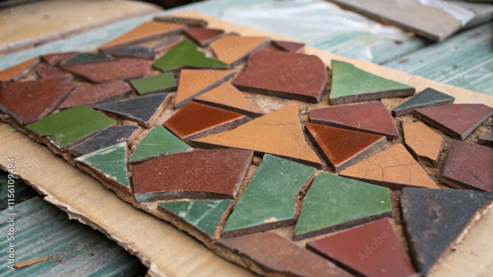 Aufkleber A closeup view of jagged tile shards displaying a spectrum of earthy tones from deep browns to muted greens their edges sharp and irregular resting atop a faded piece of cardboard.
