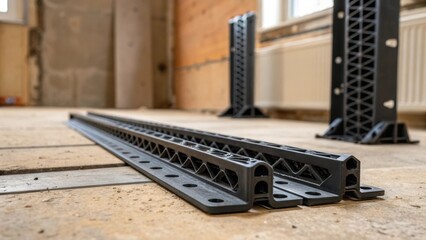 A closeup view of the radiators mounting brackets lying on the ground displaying intricate details with the unfinished wall and floor structure blurred in the background.