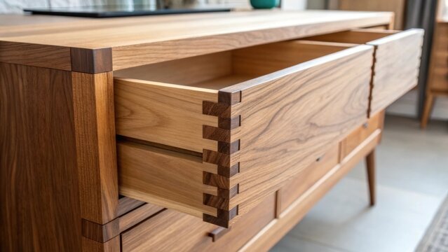 A closeup view reveals the intricate dovetail joints of highquality drawer construction with warm wood tones harmonizing as they await installation in a contemporary apartment.