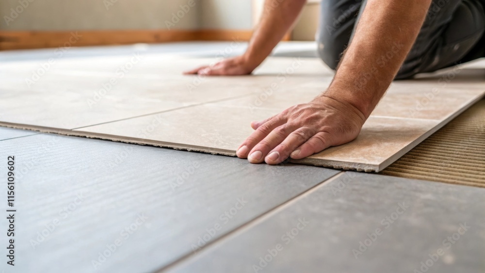 Aufkleber A closeup showing a hand firmly pressing down on the underlayment as it adheres to the subfloor conveying the significance of a wellprepared base for tile installation.