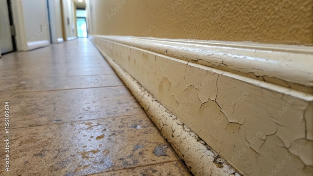 Poster a closeup shot of discolored caulking around the edges of the hallway showing wear and age ready to 