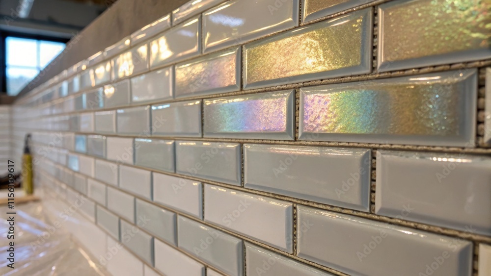 Poster a closeup shot of shimmering glass tiles partially adhered to the wall revealing visible spacers and