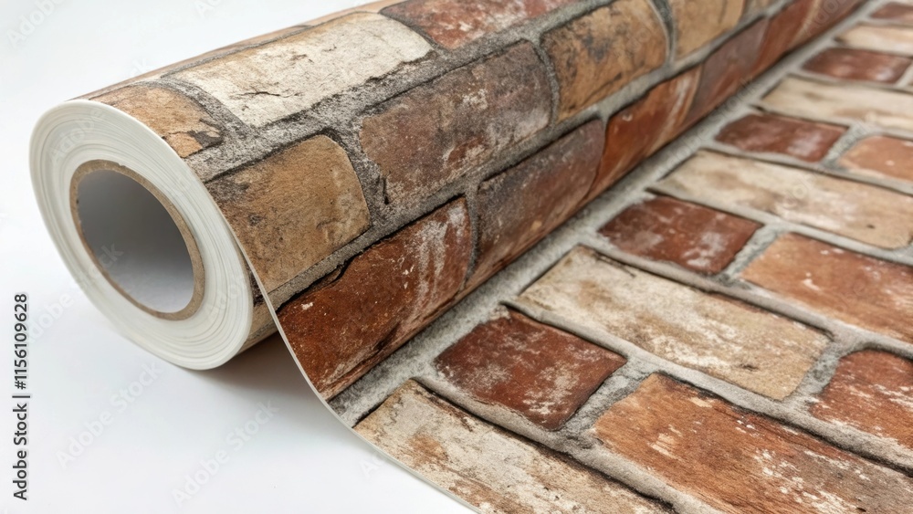 Poster A closeup shot of a rustic wallpaper roll featuring a distressed brick pattern emphasizing the worn and weathered appearance that adds character and an industrial edge.