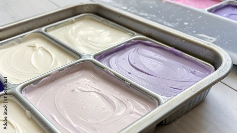 Poster a closeup shot of a painters tray filled with surplus paint the surface a blend of creamy white and 