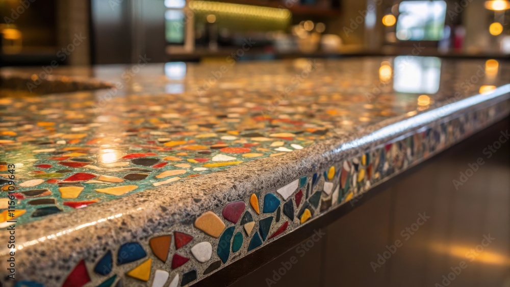 Poster a closeup shot of a stunning patterned resin countertop with sharp intricate edges emphasizing its u