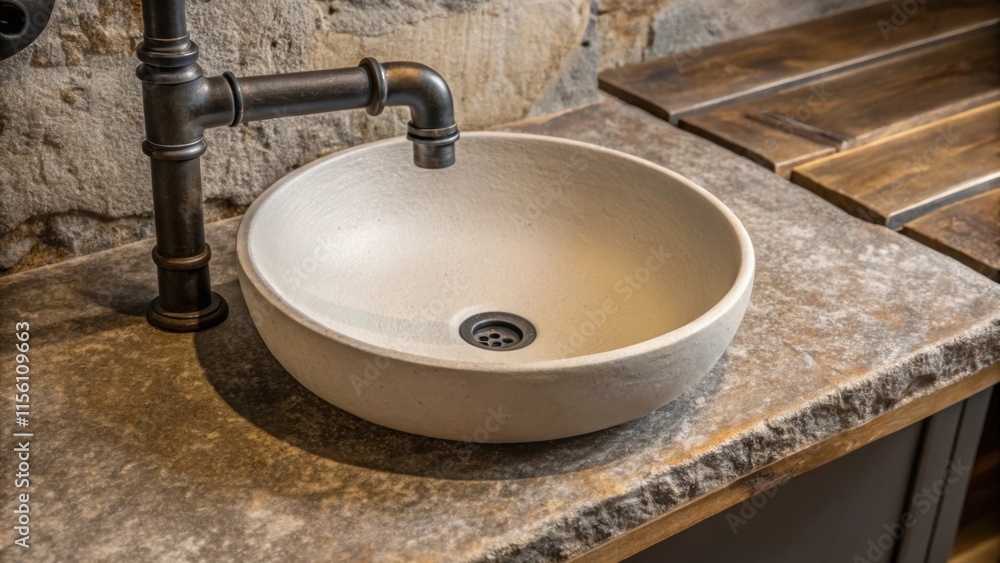 Poster a closeup shot of a compact round sink its matte finish contrasting with a rough stone countertop sh
