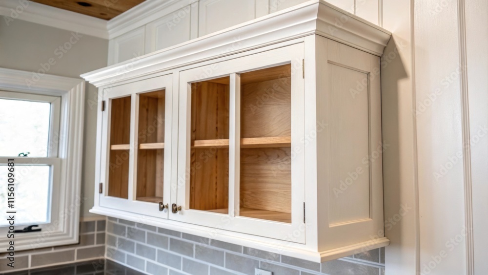 Aufkleber A closeup shot of a freshly built upper cabinet frame showcasing the open space within highlighting the perfect alignment of the frame alongside a pristine wall urging a sense of