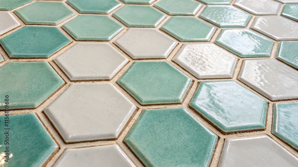 Poster A closeup shot highlighting glossy hexagonal tiles in shades of seafoam and cream with a grout line accentuating the geometric pattern creating a modern yet cozy atmosphere.
