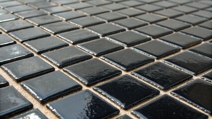 Fototapeta premium A closeup shot of a grid of small glossy black tiles the almost wet grout between them revealing a rich satin finish that deepens the contrast.
