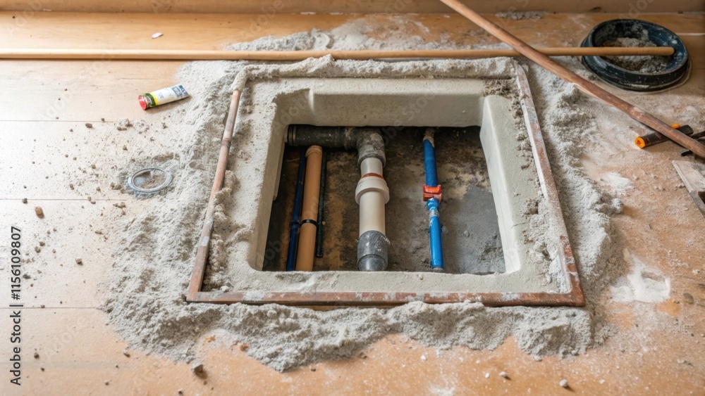 Poster a closeup on the floor showing an open patch where the plumbing is being connected surrounded by pla