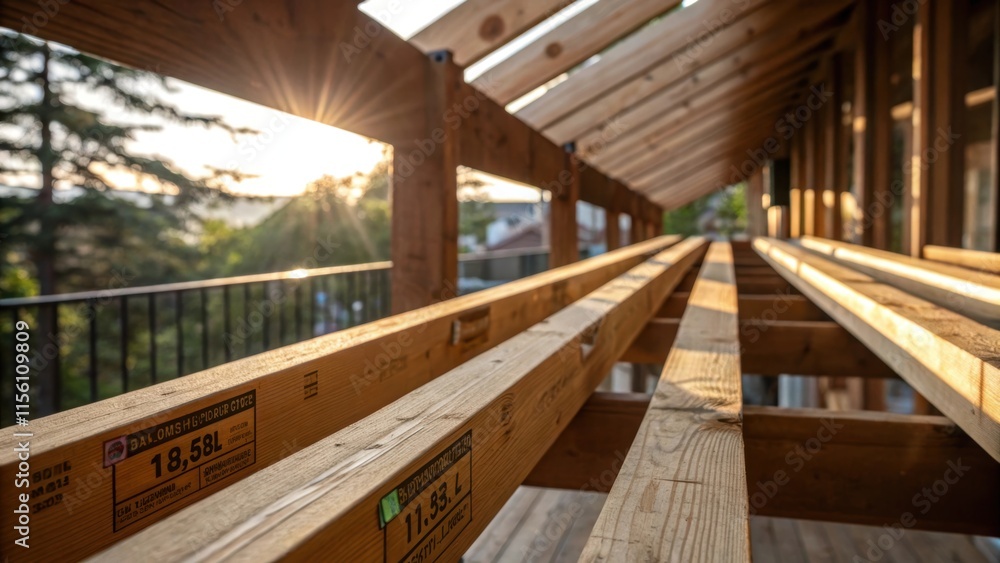 Poster a closeup of wooden beams leaning against the balcony some still holding labels reflecting the unfin