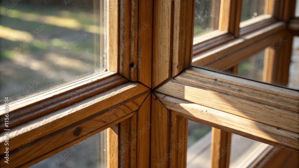Poster A closeup of two window frames interlocking at the corners with sunlight casting delicate shadows that reveal the depth and structure of the joints. A small splinter adds an