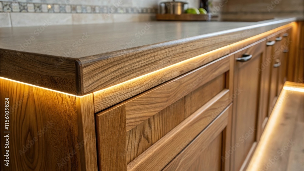 Poster A closeup of the wood grain on the cabinetry interplayed with the radiant light emphasizing the natural texture while an illuminated edge creates a warm border around the
