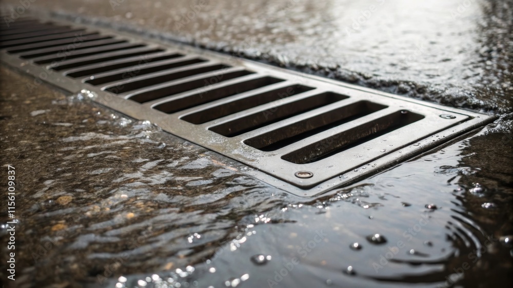 Aufkleber a closeup of water pooling around a drainage grate the stark contrast of the smooth metal against th