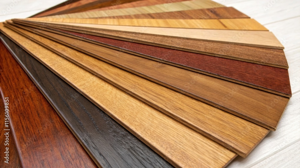 Aufkleber A closeup on a collection of sanded wooden planks displayed in a fan shape emphasizing the glossy surface and the array of warm tones that enhance a cozy atmosphere.