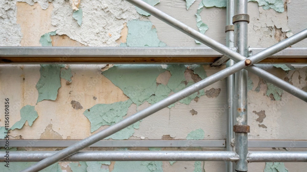 Poster A closeup of the walls surface where remnants of paint chips cling to the drywall juxtaposed with the clean metallic lines of the scaffolding.